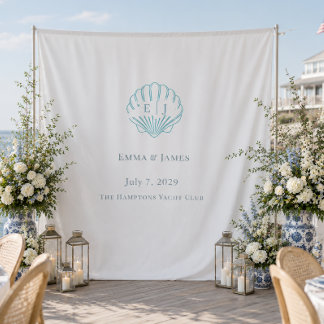 Coastal Welcome Blue Seashell Wedding Backdrop Tapestry