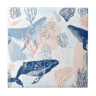 Coastal Whale Sea Life Coral Blue Peach (2) Tile