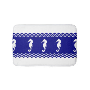 Coastal White Blue Ocean Seahorses Bath Mat