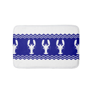 Coastal White Blue Stripe Lobster Pattern Bath Mat