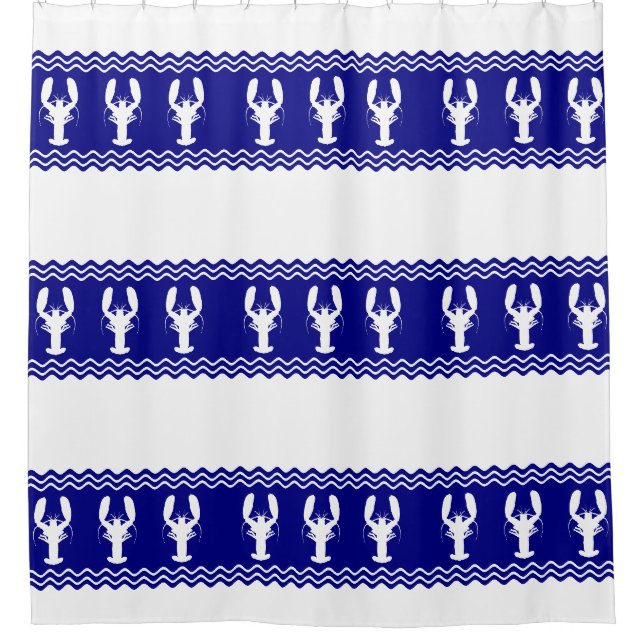Coastal White Blue Stripe Lobster Pattern Shower Curtain (Front)