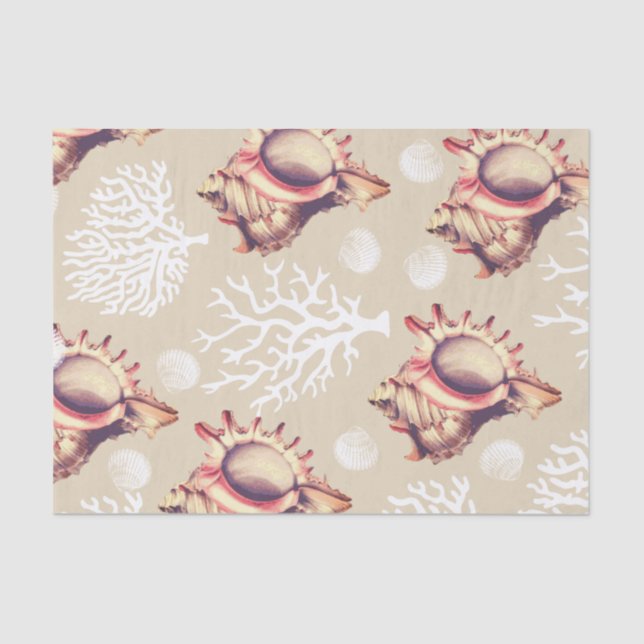 Coastal White Corals & Conch Seashells Tissue Paper (Front)