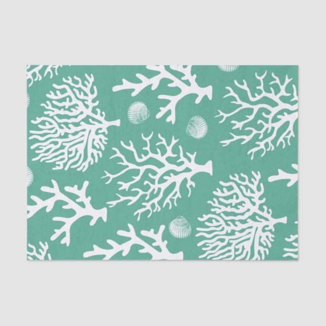 Coastal White Corals & Seashells Green Tissue Paper (Front)