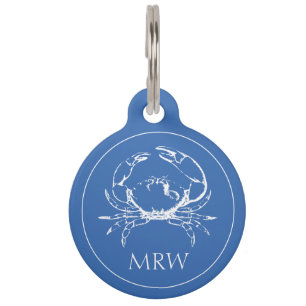 Coastal White Crab on Classic Blue Monogram Pet Tag