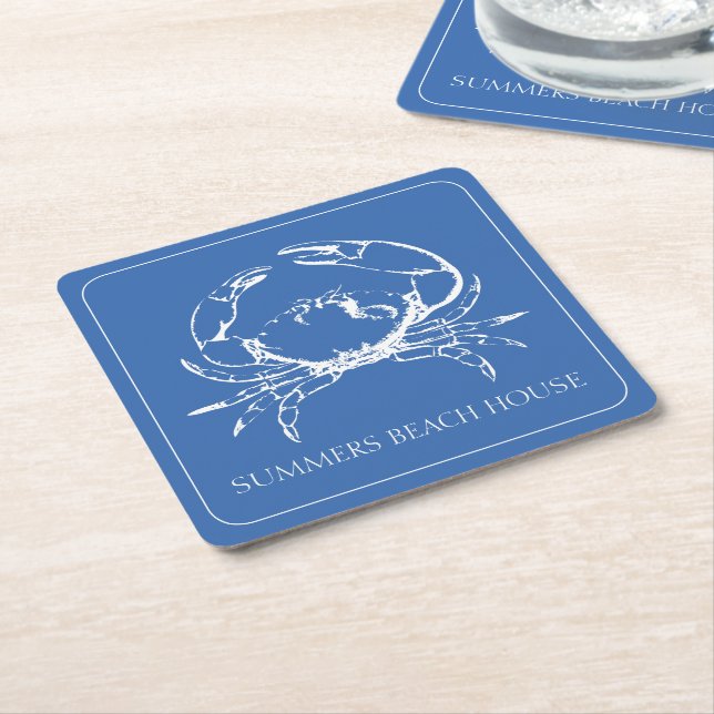 Coastal White Crab on Classic Blue Personalised Square Paper Coaster (Angled)