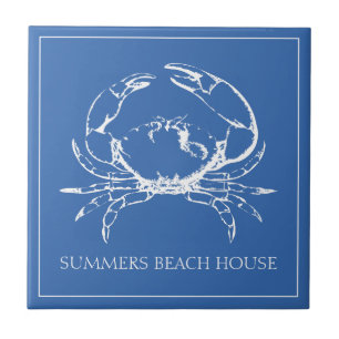 Coastal White Crab on Classic Blue Personalised Tile
