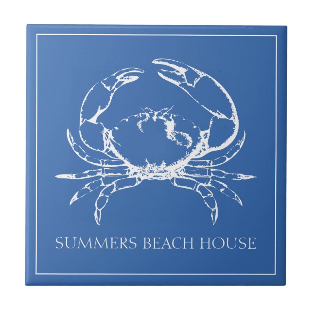 Coastal White Crab on Classic Blue Personalised Tile (Front)