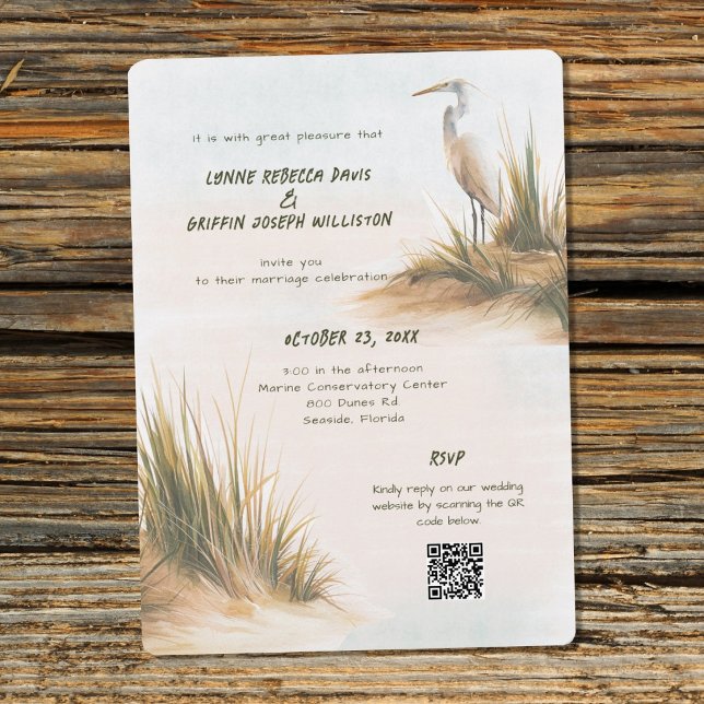 Coastal White Egret on Dunes Wedding Invitation (Creator Uploaded)