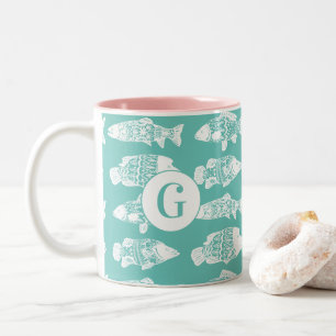 Coastal White Floral Fish   Monogram Two-Tone Coffee Mug