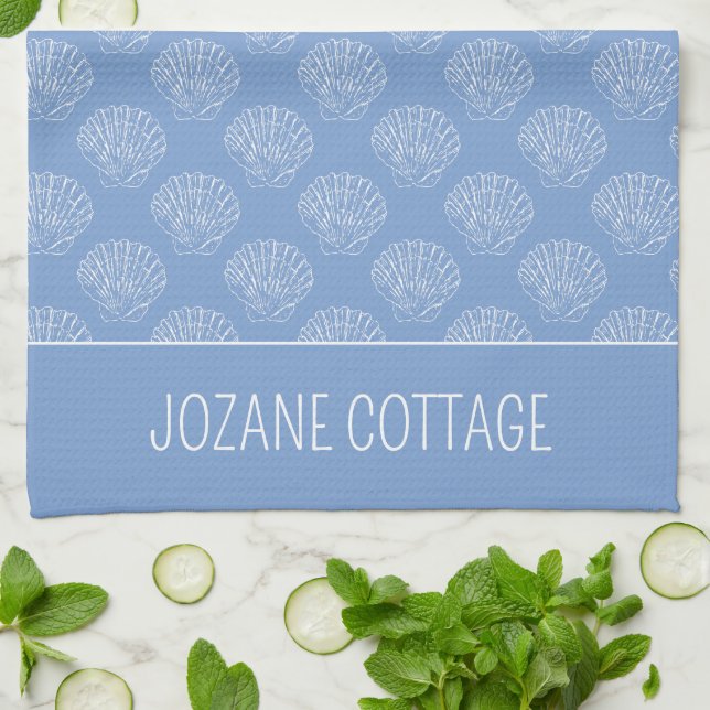 Coastal White Scallop Shells on Blue Personalised Tea Towel (Folded)