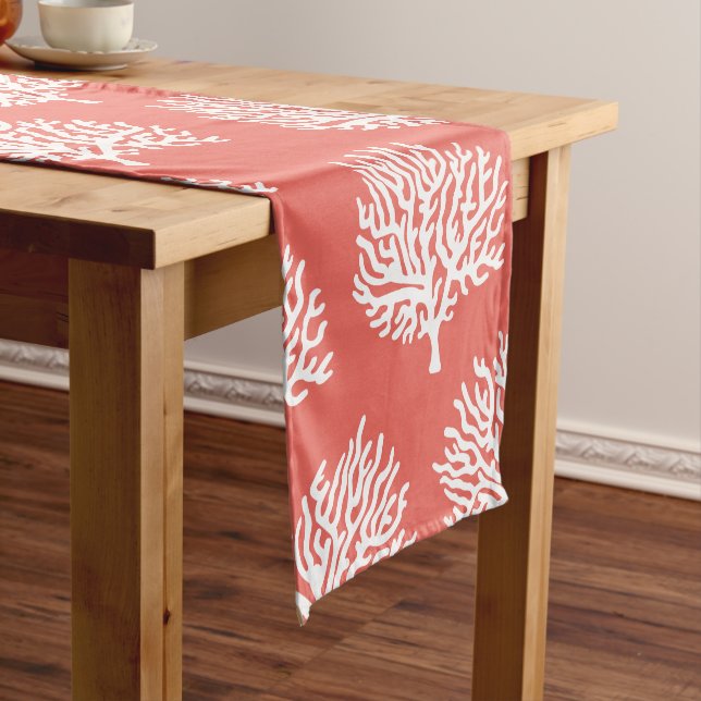 Coastal White Sea Coral & Coral Pink Short Table Runner (In Situ)