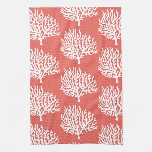 Coastal White Sea Coral & Coral Pink Tea Towel (Vertical)