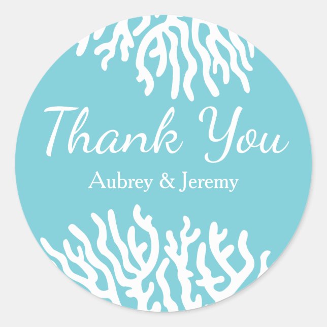 Coastal White Sea Coral Couple's Names Thank You Classic Round Sticker (Front)