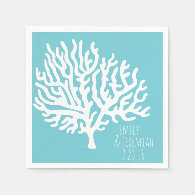 Coastal White Sea Coral Couple's Names Wedding Napkin (Front)