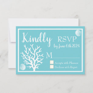 Coastal White Sea Coral & Cyan Blue RSVP Card