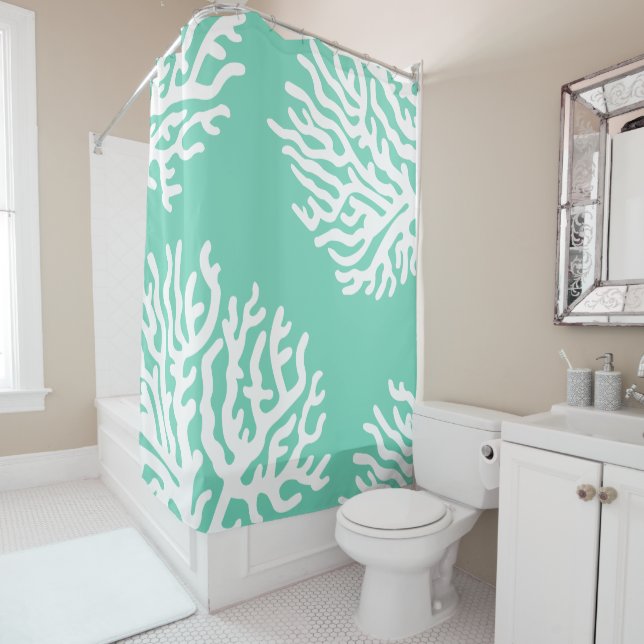 Coastal White Sea Coral & Sea Glass Green Shower Curtain (In Situ)