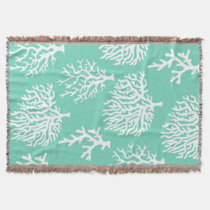 Coastal White Sea Coral & Sea Glass Green Throw Blanket