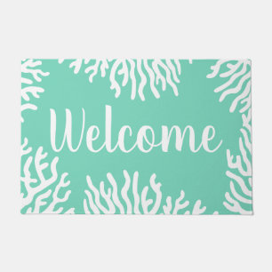 Coastal White Sea Coral & Sea Glass Green Welcome Doormat