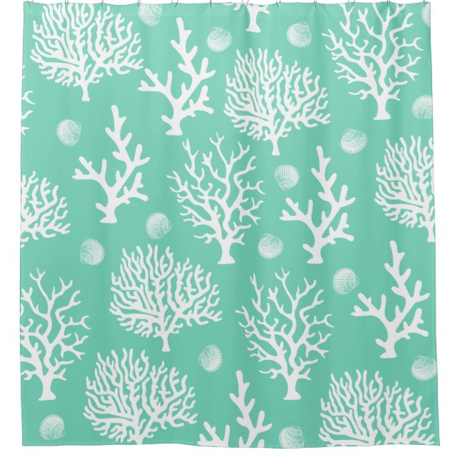 Coastal White Sea Corals & Sea Glass Green Shower Curtain (Front)