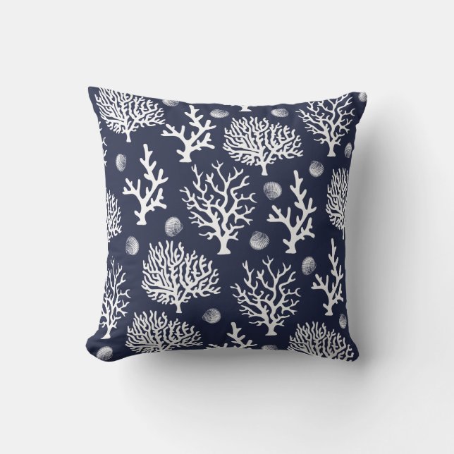 Coastal White Sea Corals & Seashells Navy Blue Cushion (Front)