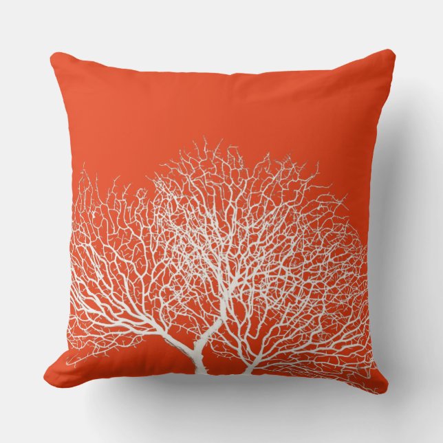 Coastal White Sea Tree Deep Coral Orange Beach Cushion (Front)