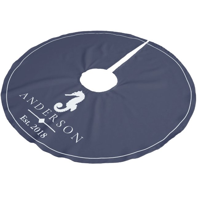 Coastal White Seahorse & Navy Blue | Personalised Brushed Polyester Tree Skirt (Angled)
