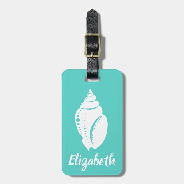 Coastal White Seashell & Sea Green | Personalised Luggage Tag (Front Vertical)