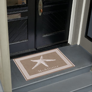 Coastal White Starfish Lines Frame & Faux Burlap Doormat