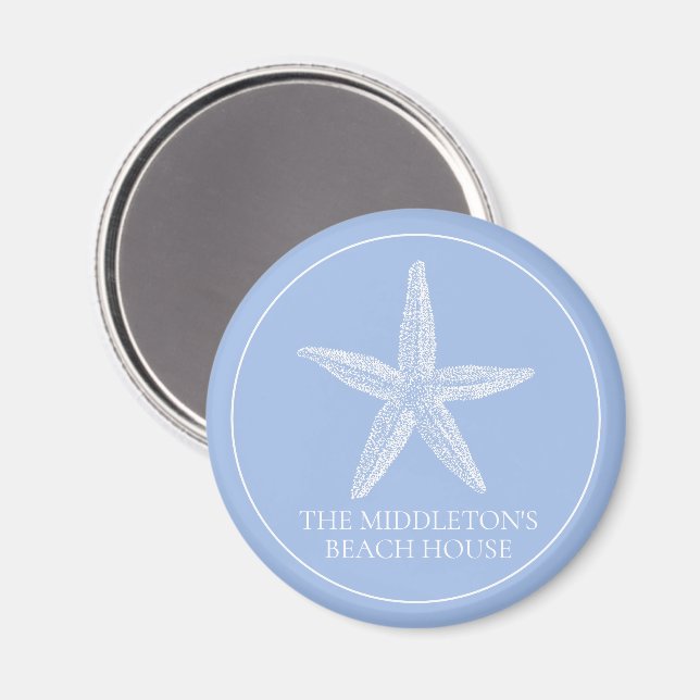 Coastal White Starfish on Blue Beach House Magnet (Front/Back)
