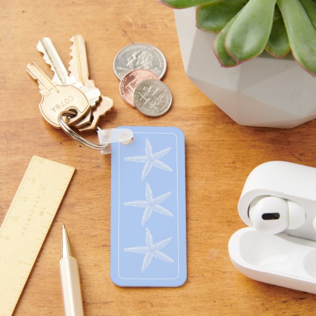 Coastal White Starfish on Blue Personalised Key Ring (Desk)