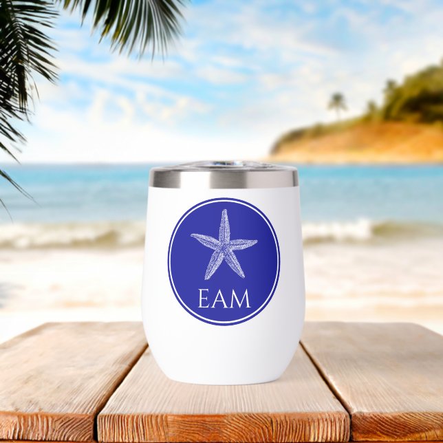 Coastal White Starfish on Navy Blue Monogram (Beach (Rotated))