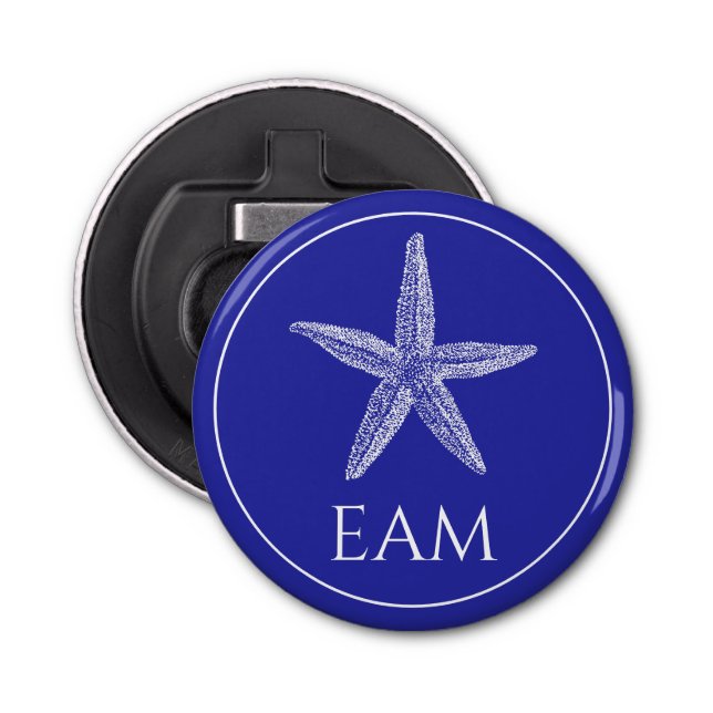 Coastal White Starfish on Navy Blue Monogram Bottle Opener (Front)