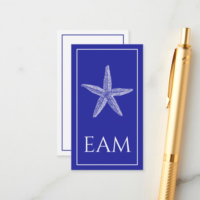 Coastal White Starfish on Navy Blue Monogram Enclosure Card (Front/Back In Situ)