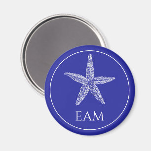 Coastal White Starfish on Navy Blue Monogram Magnet