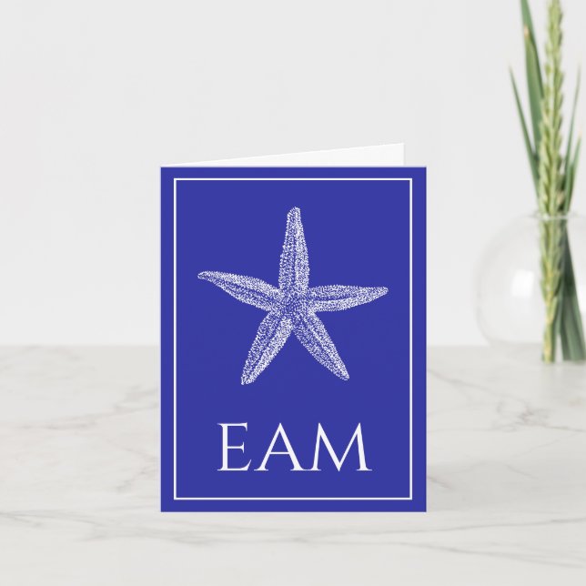 Coastal White Starfish on Navy Blue Monogram Note Card (Front)