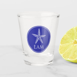 Coastal White Starfish on Navy Blue Monogram Shot Glass