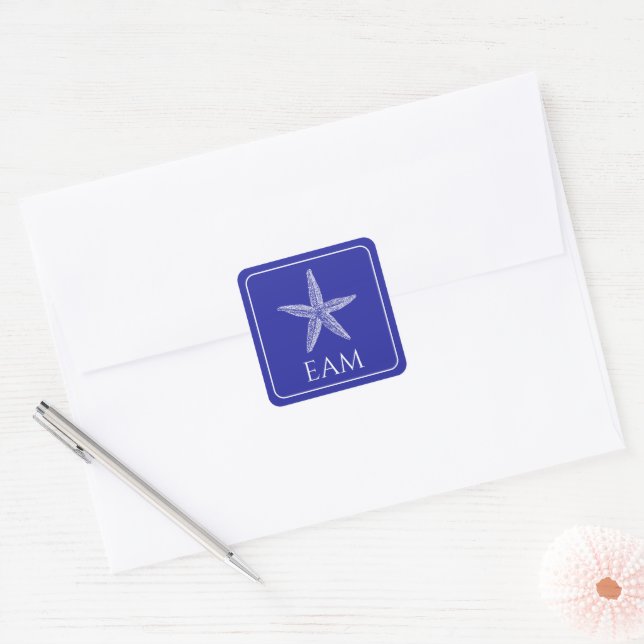 Coastal White Starfish on Navy Blue Monogram Square Sticker (Envelope)