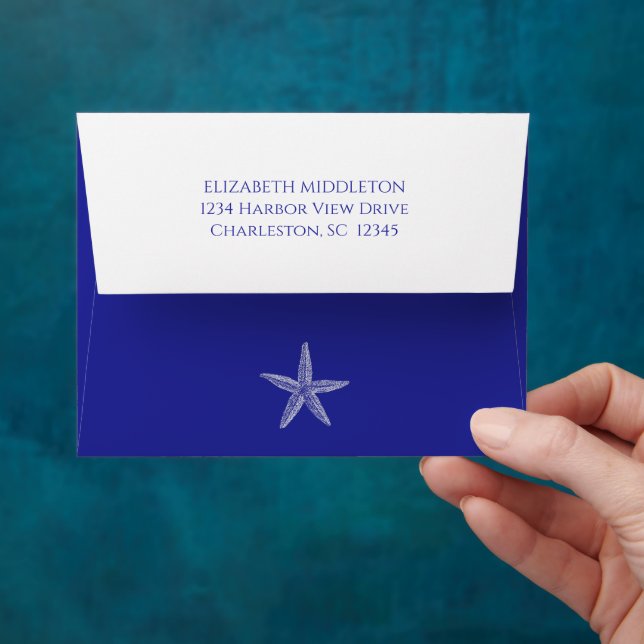 Coastal White Starfish on Navy Blue Personalised Envelope (Hand)