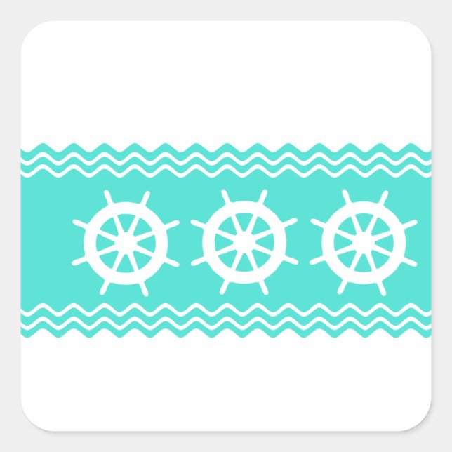 Coastal White Turquoise Helm Stripe Nautical Square Sticker (Front)