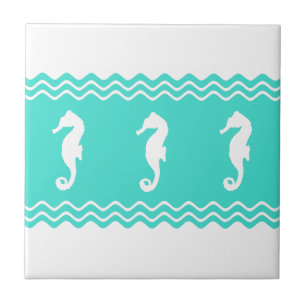 Coastal White Turquoise Ocean Seahorses Tile