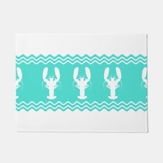 Coastal White Turquoise Stripe Lobster Pattern Doormat (Front)