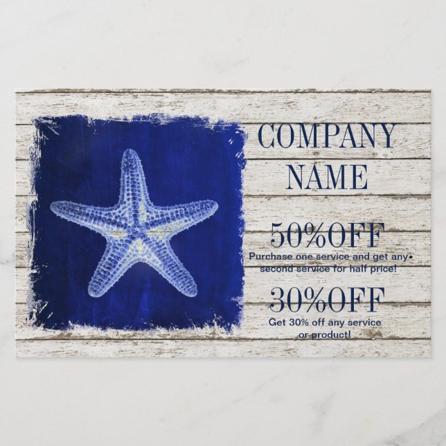 coastal whitewashed wood nautical blue starfish flyer (Front)