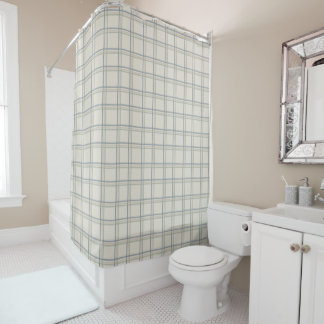 Coastal Windowpane Plaid Pattern in Soft Blue Sage Shower Curtain