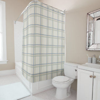 Coastal Windowpane Plaid Pattern in Soft Blue Sage Shower Curtain
