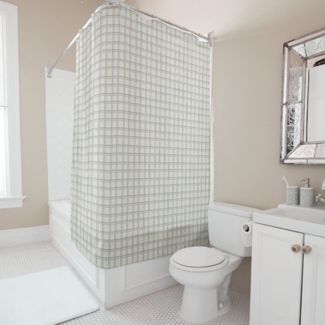 Coastal Windowpane Plaid Pattern in Soft Blue Sage Shower Curtain (In Situ)