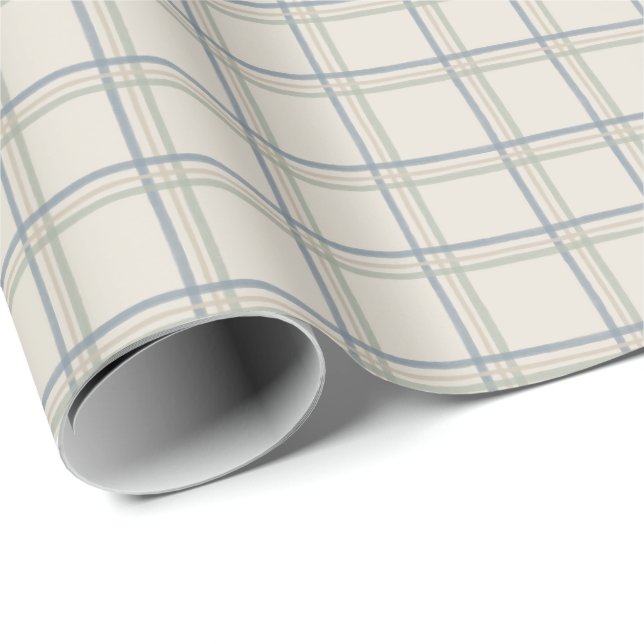 Coastal Windowpane Plaid Pattern in Soft Blue Sage Wrapping Paper (Roll Corner)