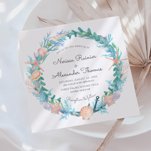 Coastal Wreath   Watercolor Beach Wedding Invitation