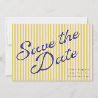 Coastal Yellow Blue Retro Stripe Wedding Script