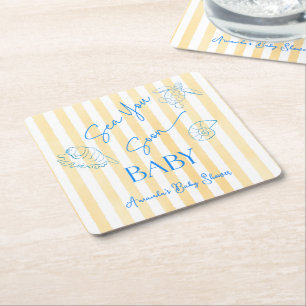 Coastal Yellow Stripes Sea You Soon Baby Shower Square Paper Coaster