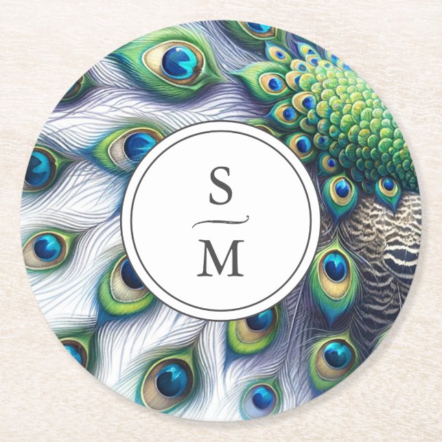 Coaster Monogrammed Peacock Feathers (Front)